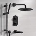 Remer TSR36 Matte Black Thermostatic Tub and Shower Faucet Set with Rain Shower Head and Hand Shower
